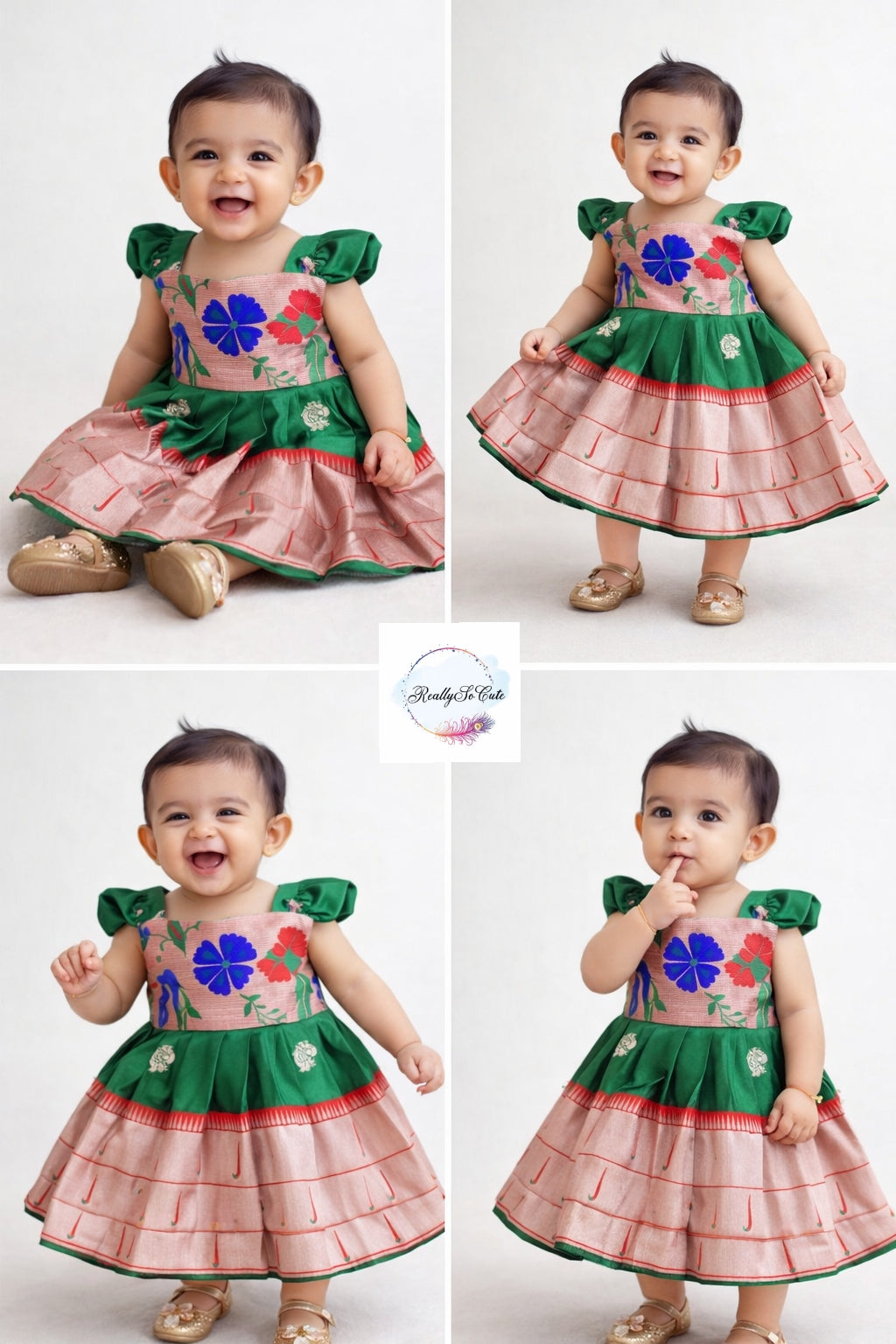Traditional Paithani Dress for Baby Girls – Green Indian Ethnic Wear (0–4Y)