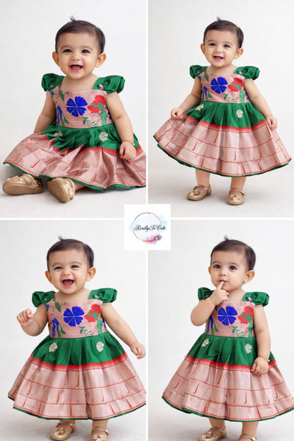 Traditional Paithani Dress for Baby Girls – Green Indian Ethnic Wear (0–4Y)