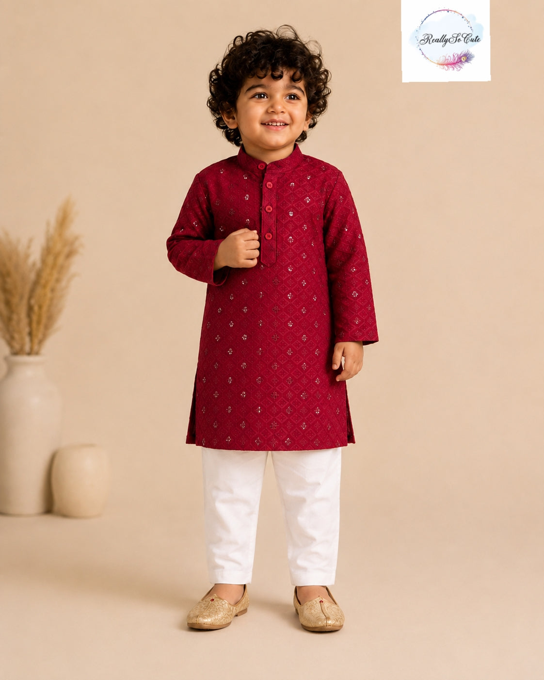 Maroon Sequin Embroidered Cotton Kurta Pajama Set for Boys