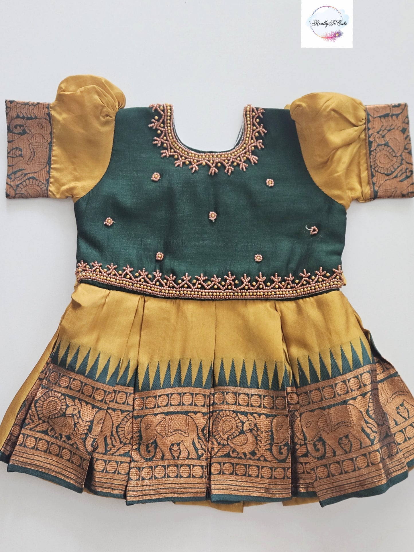 Mustard & Emerald Green Pattu Baby Girl Dress with Handwork | Semi Silk