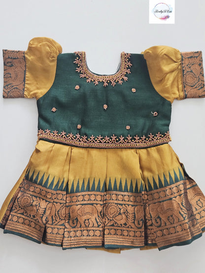 Mustard & Emerald Green Pattu Baby Girl Dress with Handwork | Semi Silk