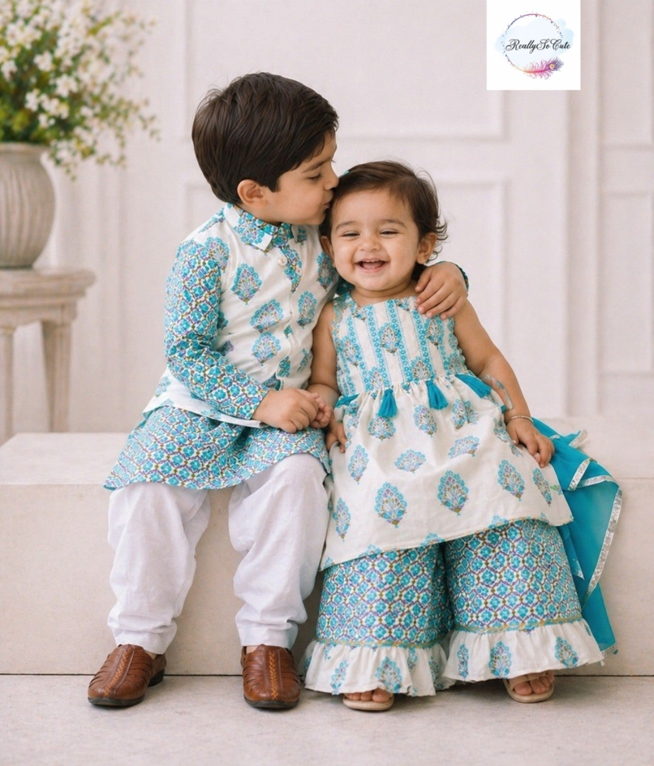 Aqua Blue block print jacket kurta pajama set, boy kurta pajama