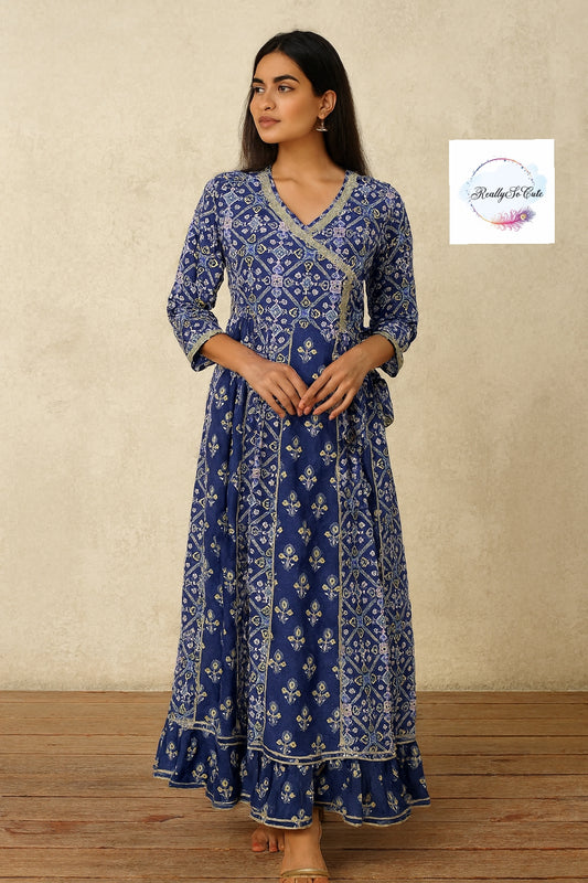 Blue anarkali kurti pant set, patola women set
