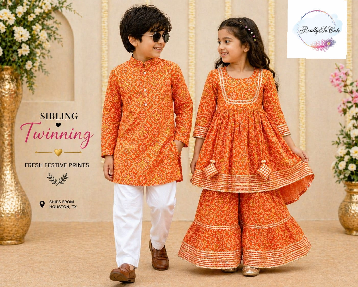 Orange Bandhani Print Boys Kurta Pajama Set in Soft Cotton, Kids Bandhani Outfit USA
