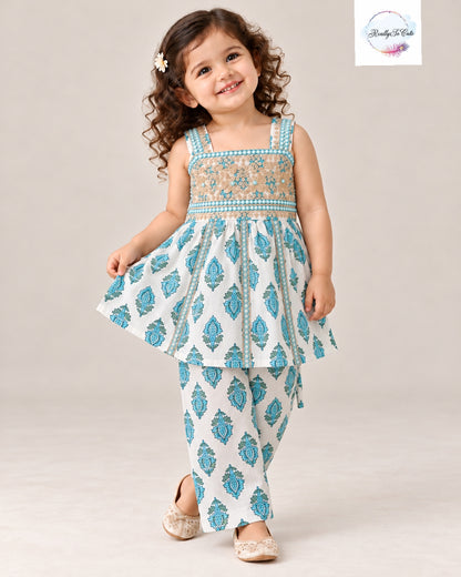 Girls  Floral Print Pure Cotton Kurti & Pant Set with Mirror Work | 1–5 Years
