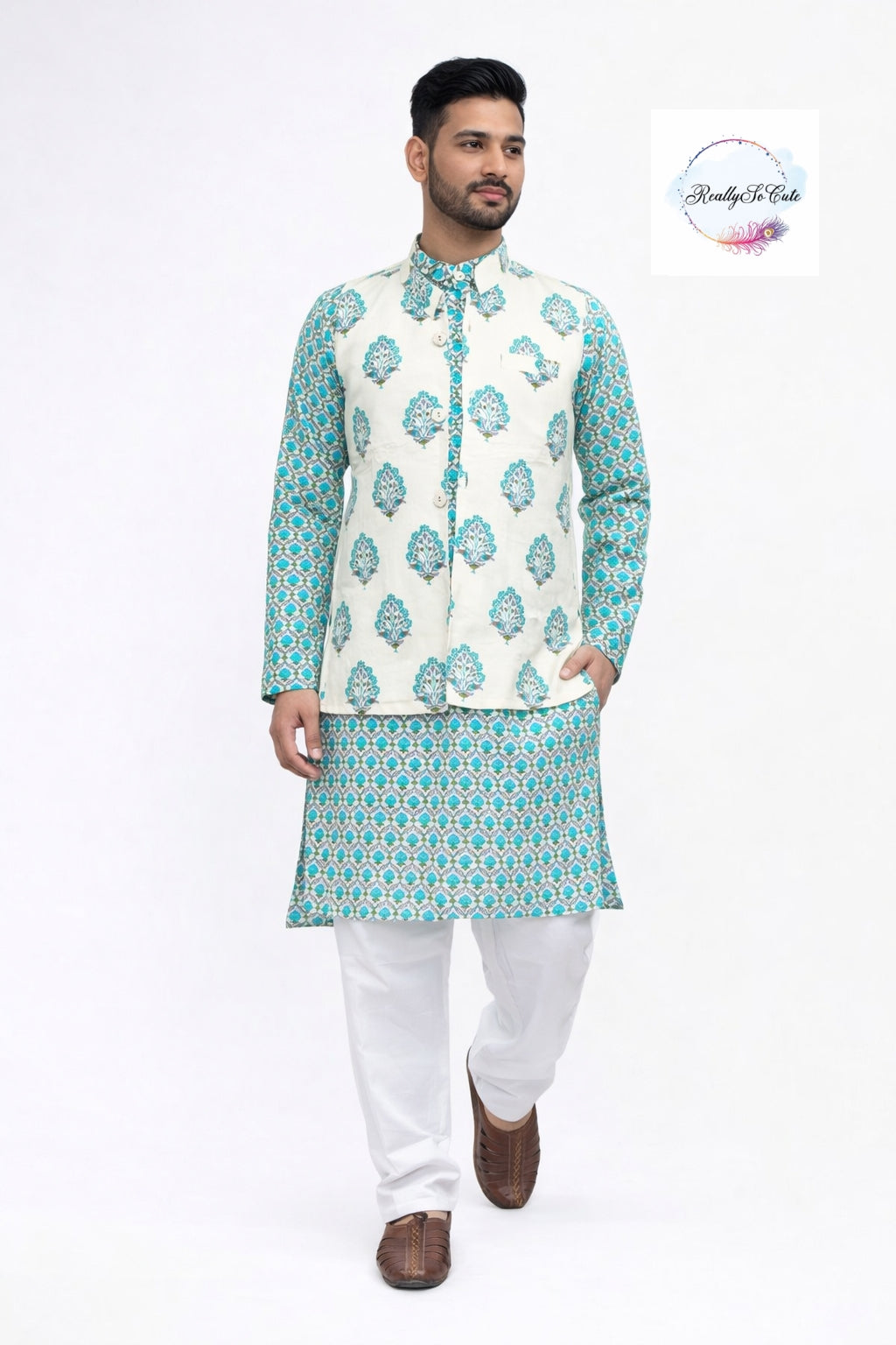 Men's Block print cotton kurta pajama, blue kurta set with jacket.