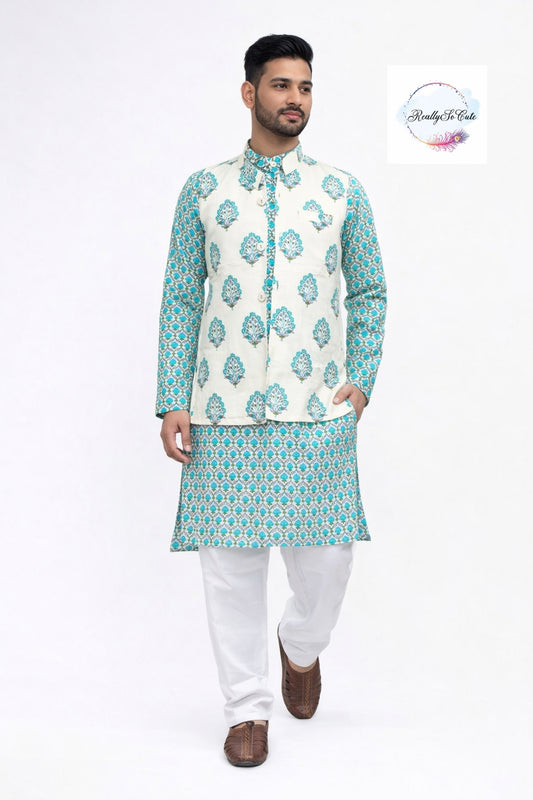 Men's Block print cotton kurta pajama, blue kurta set with jacket.