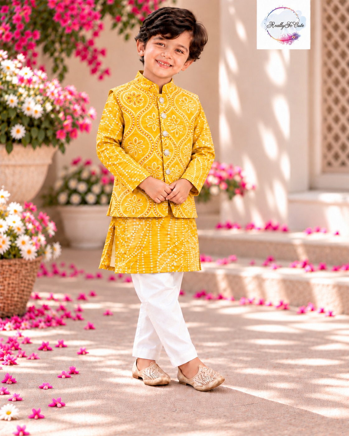 Yellow  Bandhani Kurta Pajama Jacket Set