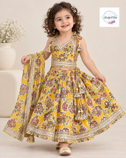 Mustard Yellow Floral Print Girls Chaniya Choli Lehenga Set with Dupatta & Mirror Work