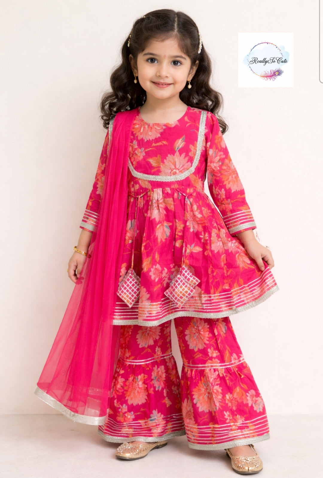 Floral Muslin Sharara Set for Girls | Soft & Breathable Ethnic Wear 18M–16Y, Hot pink kurti sharara set