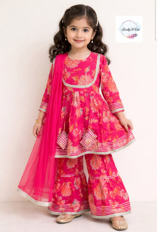 Floral Muslin Sharara Set for Girls | Soft & Breathable Ethnic Wear 18M–14Y, Hot pink kurti sharara set
