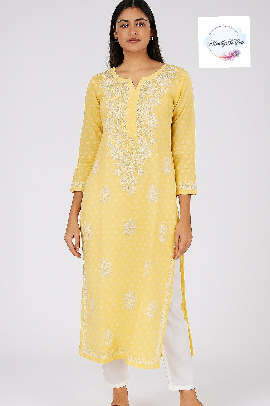 Yellow long chikankari kurti