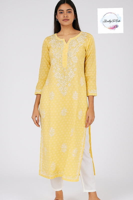 Yellow long chikankari kurti