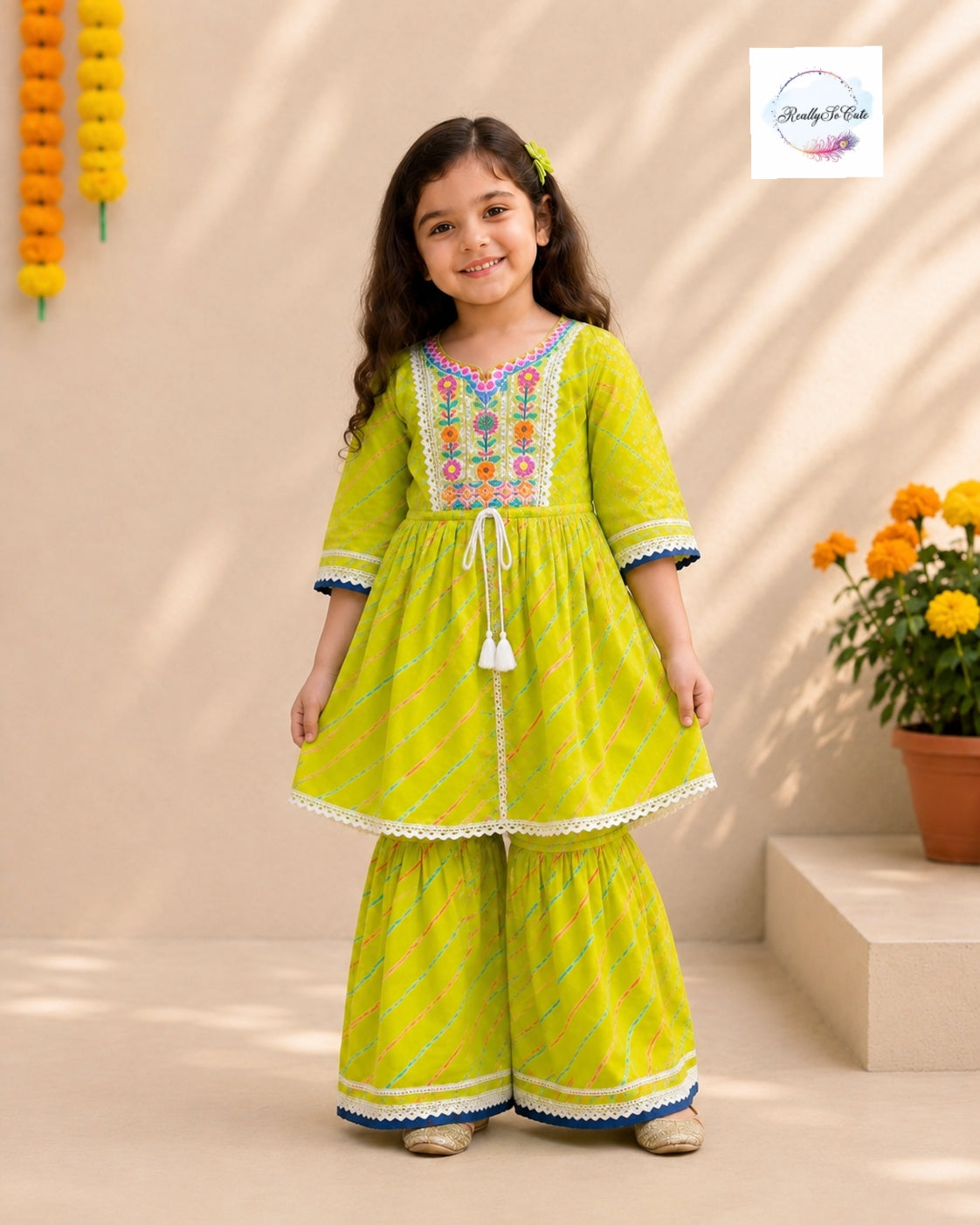 Lime Leheriya Pure Cotton Girls Sharara Set