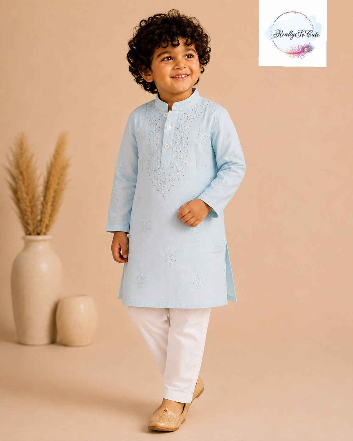 Boys Powder Blue Handwork Chikankari Kurta Pajama Set | Pure Cotton