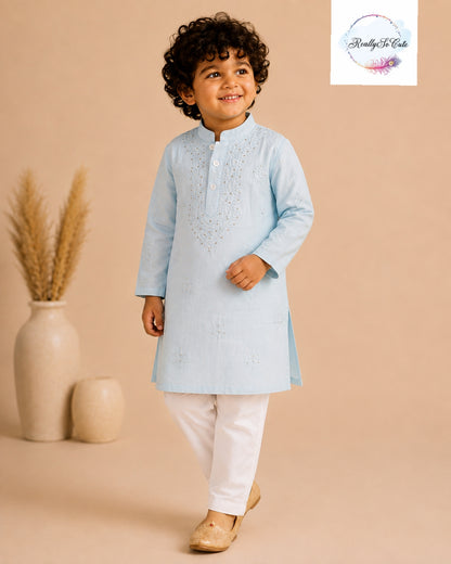 Boys Powder Blue Handwork Chikankari Kurta Pajama Set | Pure Cotton