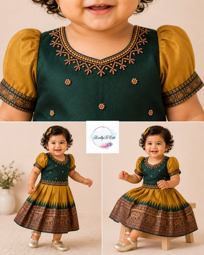 Mustard & Emerald Green Pattu Baby Girl Dress with Handwork | Semi Silk