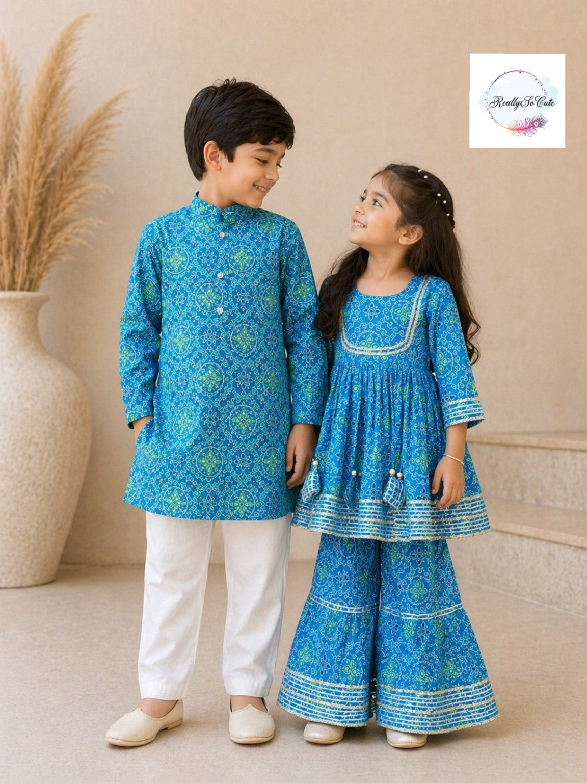 Blue Bandhani Print Boys Kurta Pajama Set in Soft Cotton, Kids Bandhani Outfit USA