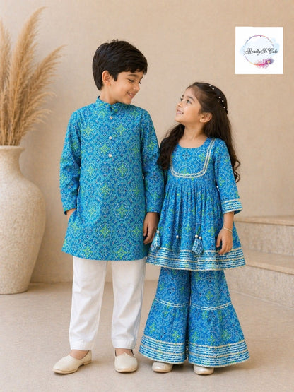 Blue Bandhani Print Boys Kurta Pajama Set in Soft Cotton, Kids Bandhani Outfit USA