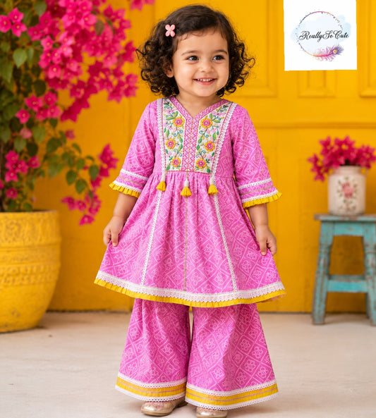 Pink Hand Block Print Cotton Sharara Set for Girls | Pure Cotton Ethnic Wear with Tassel Tie | Sizes 3M–10 Years
