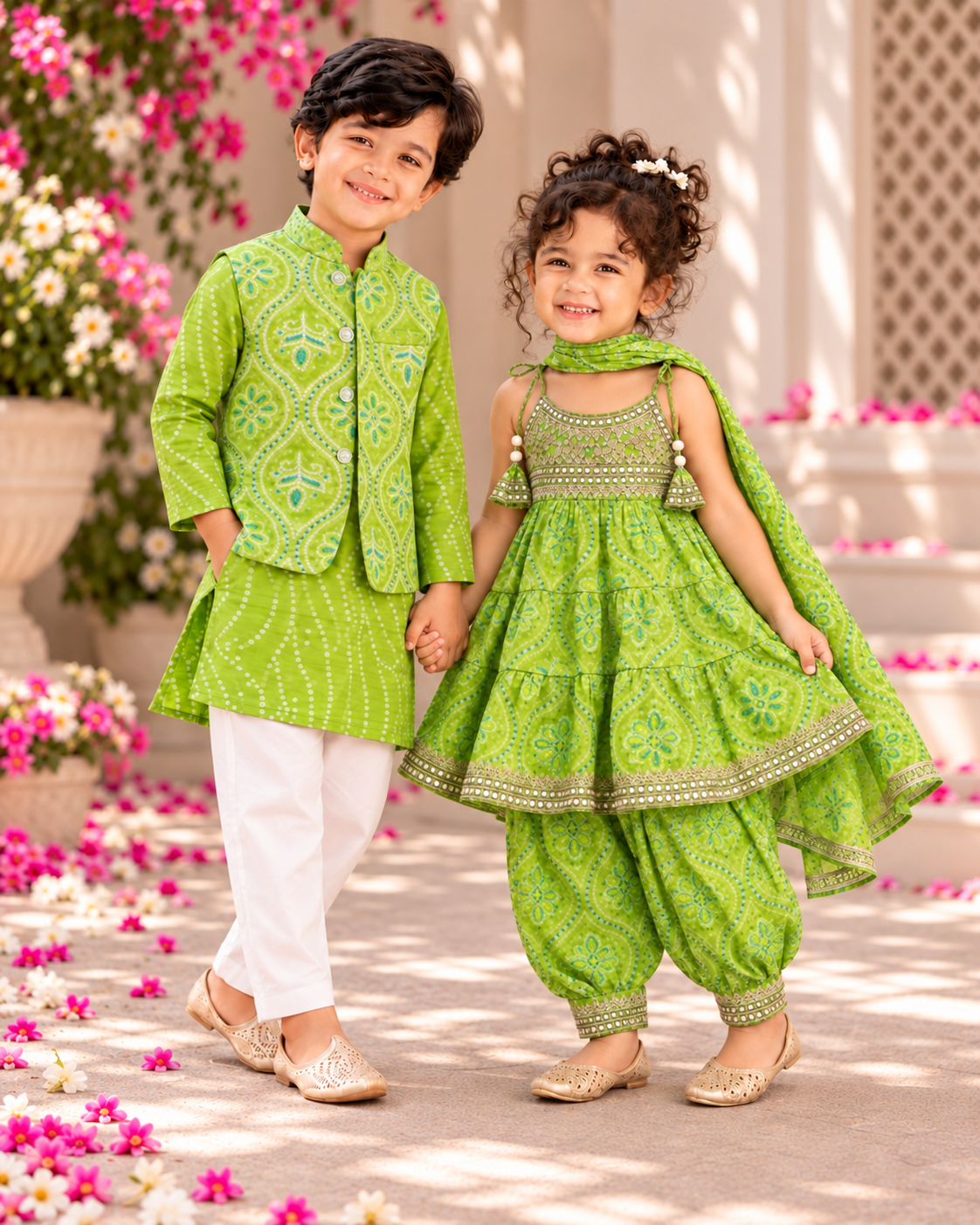 Green Bandhani Muslin Cotton Afghan Salwar Set, sibling combo