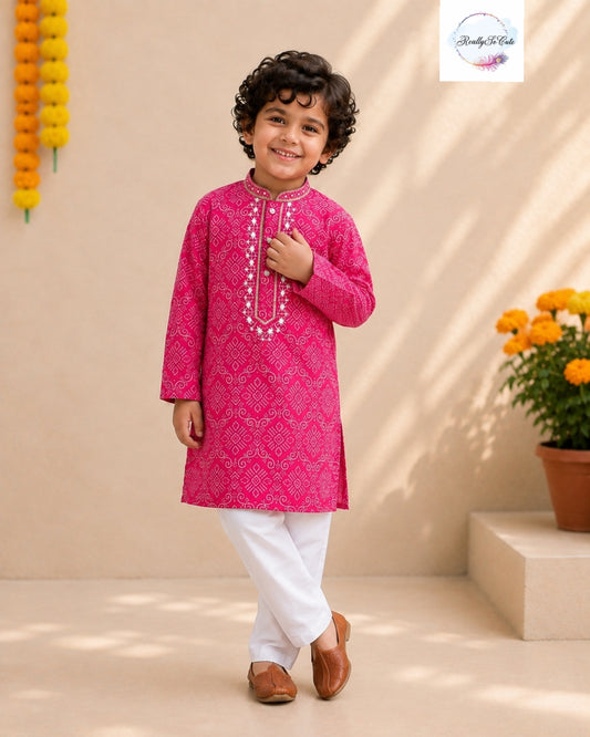 Pink Bandhani Pure Cotton Boys Kurta Pajama Set with Mirror Work
