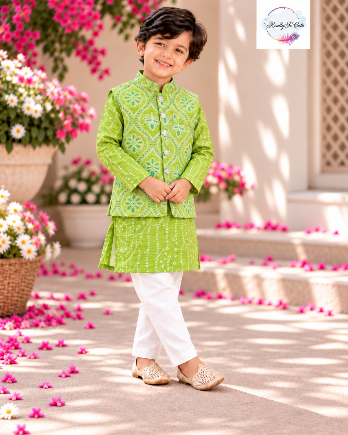 Boys green Bandhani Kurta Pajama Jacket Set