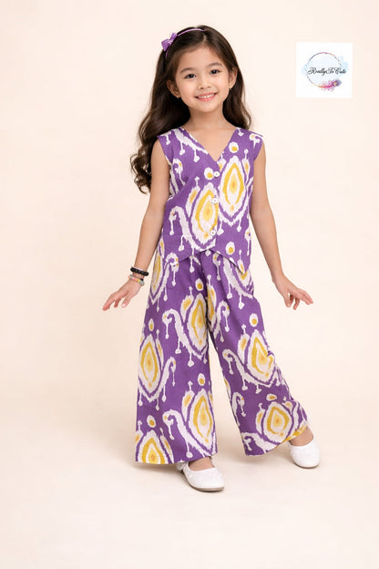 Purple Ikat Print Girls Cotton vest style Co-Ord Set | Sleeveless Ethnic Wear for Kids 3M–13Y