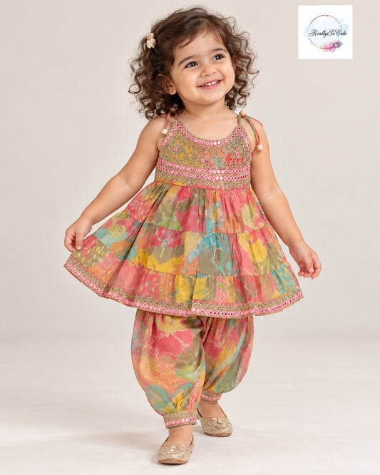 Girls Royal Floral Muslin Cotton Kurti with Afghani Pants Set | Ethnic Wear kids