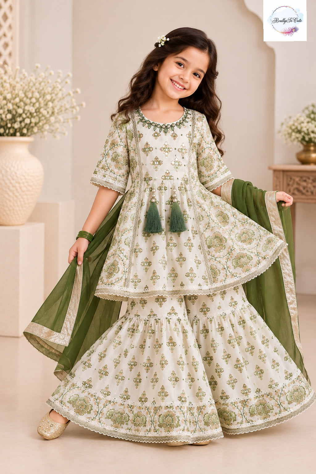 Girls Ivory & Olive Green Pure Cotton Sharara Set with Dupatta | Kids Ethnic Wear