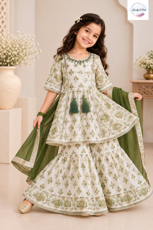 Girls Ivory & Olive Green Pure Cotton Sharara Set with Dupatta | Kids Ethnic Wear