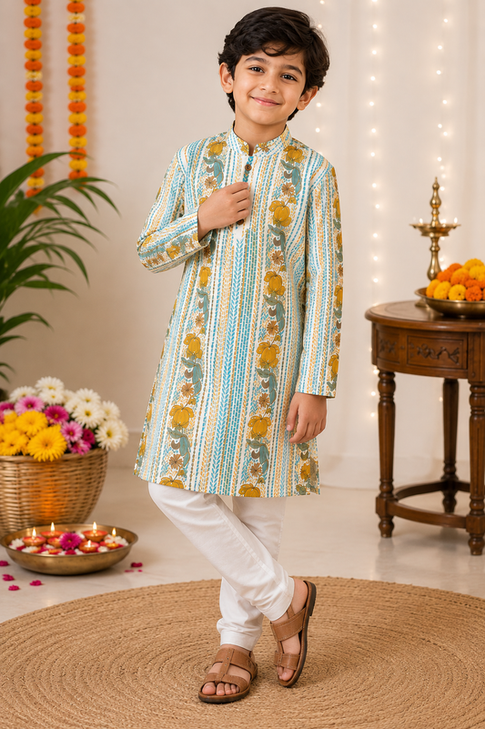 Mustard & Teal Floral Stripe Pure Cotton Kurta Pajama Set for Boys