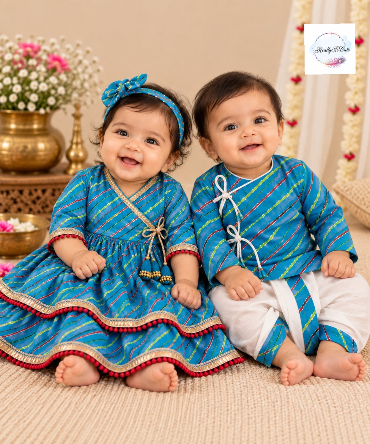 Baby blue Leheriya Print Pure Cotton Angrakha lehagna Set | 0–2Y