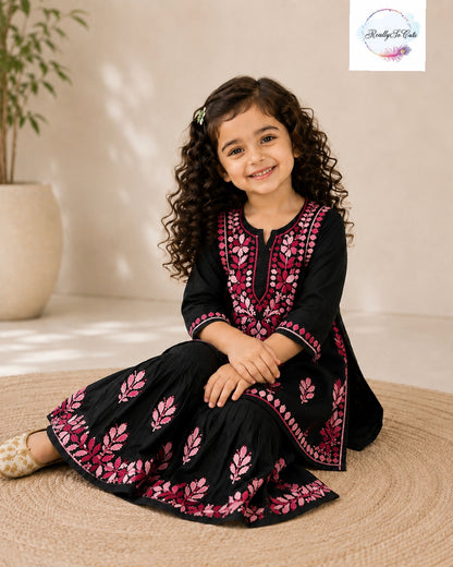 Girls Black & Pink Handwork Chikankari Sharara Set | Soft Cotton