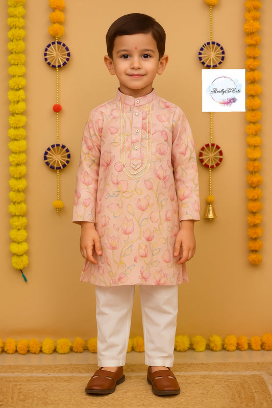 Boys  cotton kurta pajama, floral chanderi silk kurta set