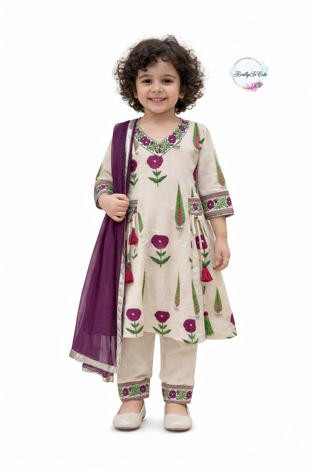 Girls Floral Handloom Cotton Kurta Set | Ethnic Wear (3M–15Y)Purple girl ethnic wear