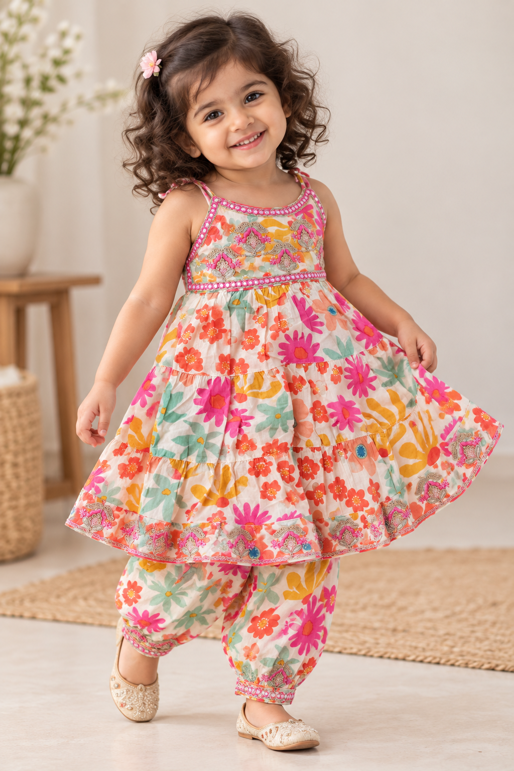 Girls Multicolor Printed Pure Cotton kurti pant Set with Dupatta | Festive Ethnic Wear