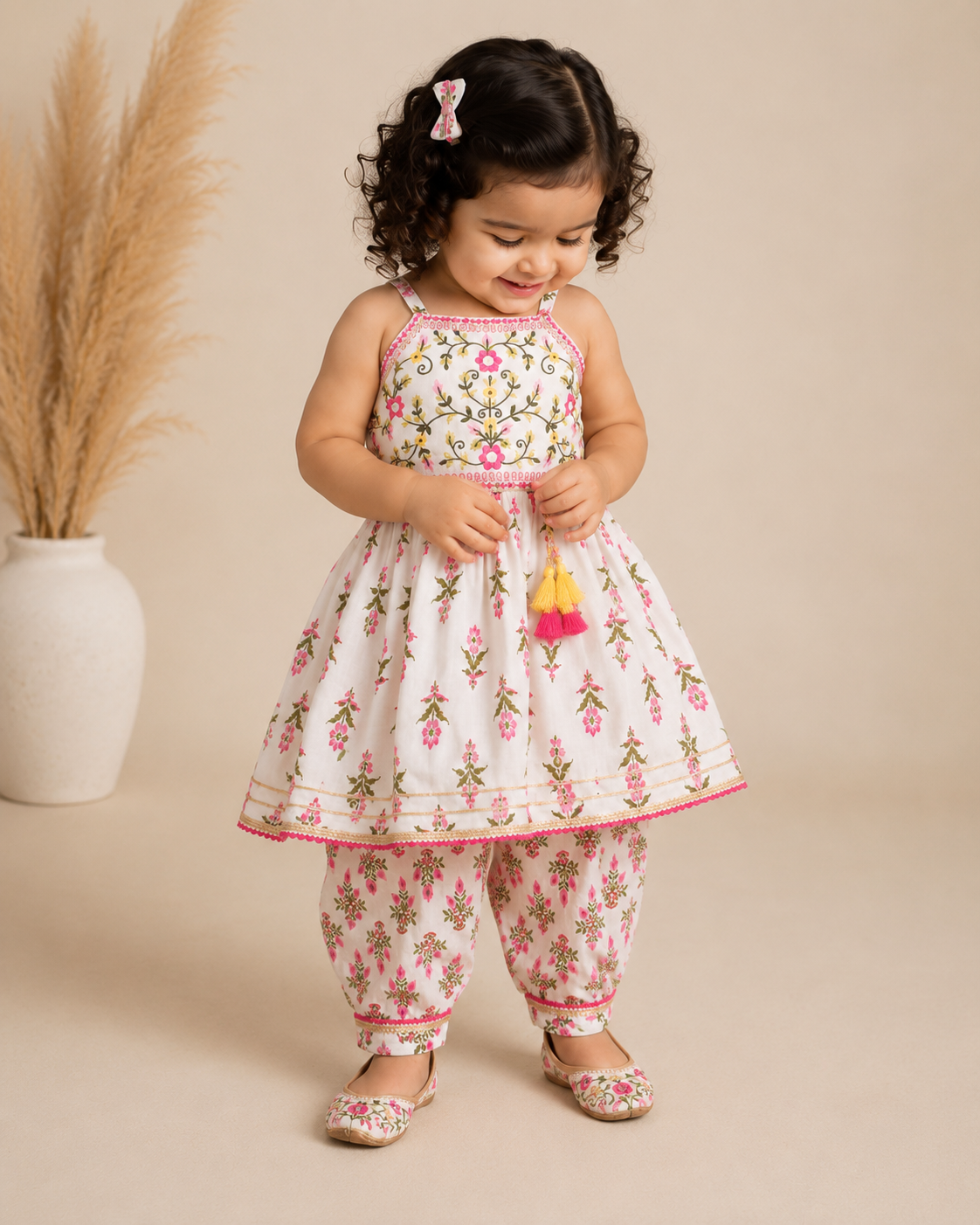Pink Floral Cotton Kurta salwar Set for Baby Girls | Ethnic Wear with Dupatta, Size 3M-2Y