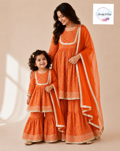 Girls Orange Bandhani Print Cotton Kurti Sharara Set with Dupatta, Kids Bandhani Outfit USA