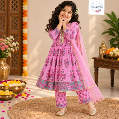 Pink Floral Pure Cotton Anarkali Set with Dupatta – Girls