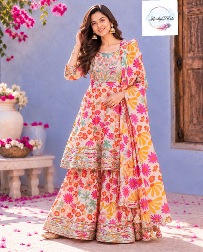 Multicolor Printed Pure Cotton Sharara Set for Women with Dupatta | Sizes M–XXL (38–44)