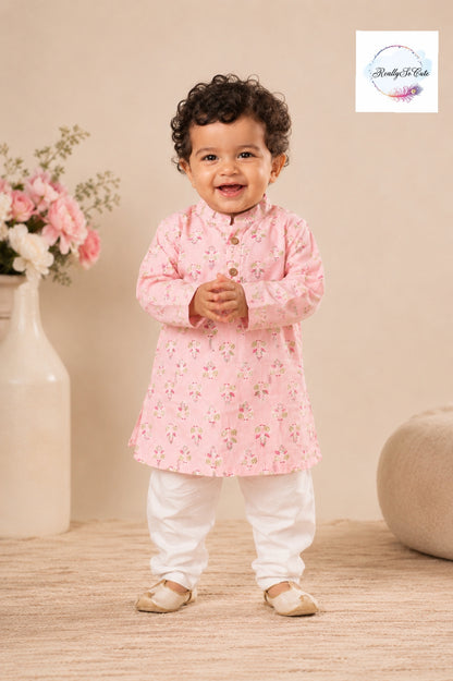 Blush Pink Floral Pure Cotton Boys Kurta Pajama Set