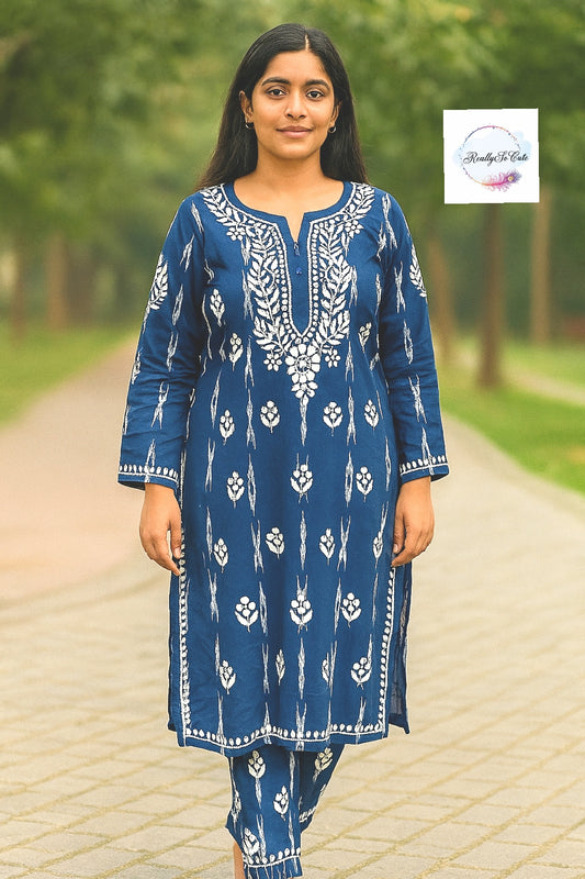 Chikankari Ikkat Cotton Full set (Blue)