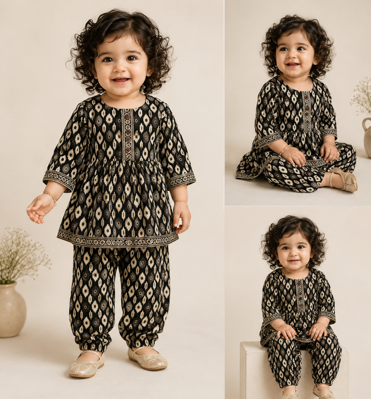 Black Ikkat Print Pure Cotton Co-Ord Set for Girls | Kurti & Relaxed Pants | Sizes 18M–8 Years |