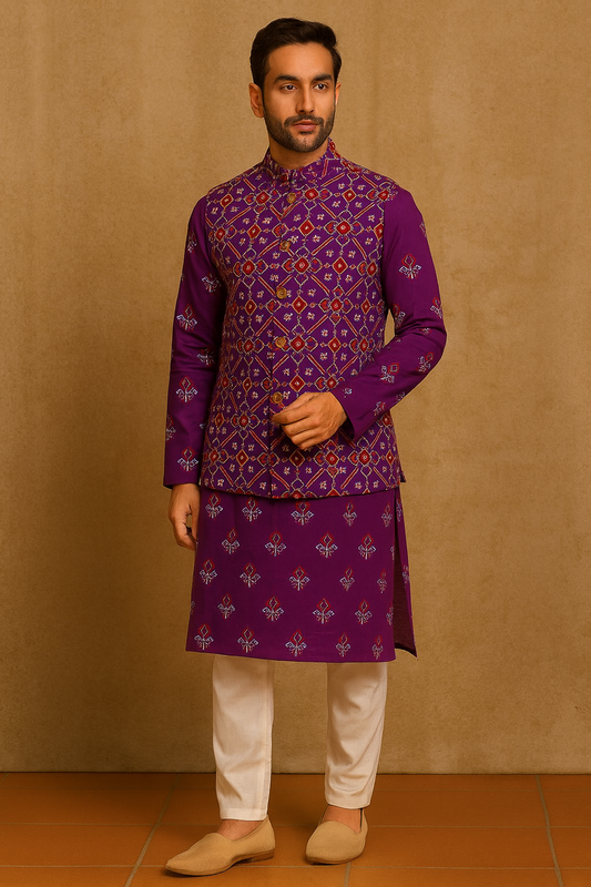 Men's patola print cotton kurta pajama, purple kurta set with jacket