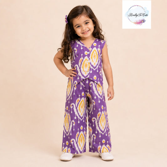 Purple Ikat Print Girls Cotton vest style Co-Ord Set | Sleeveless Ethnic Wear for Kids 3M–13Y