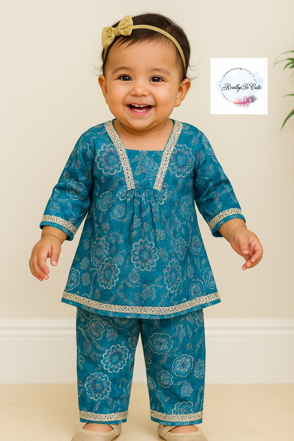 Girl co-ord set, blue chanderi silk kurta set, sibling combo