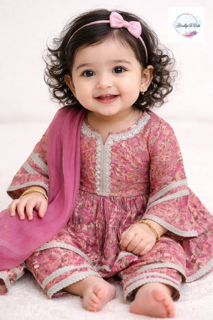 Pink Muslin Kurta Set for Girls with Pockets | Soft Floral Ethnic Wear (3M–14Y)