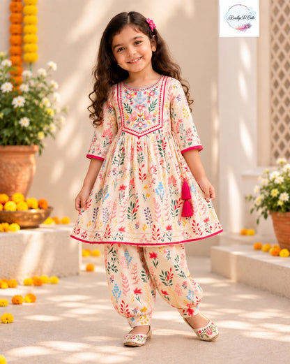 Girls Pure Cotton Floral Ethnic Set | Matching Sibling Combo