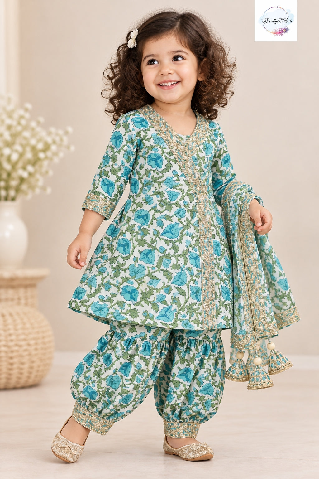 Girls Blue Floral Pure Cotton Kurta & Dhoti Pant Set with Dupatta | 3-Piece Traditional Ethnic Wear